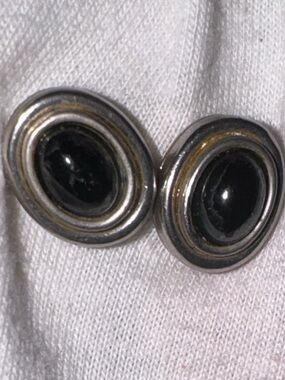 Silver-Tone Oval Button Earrings Accents with Black Inset
